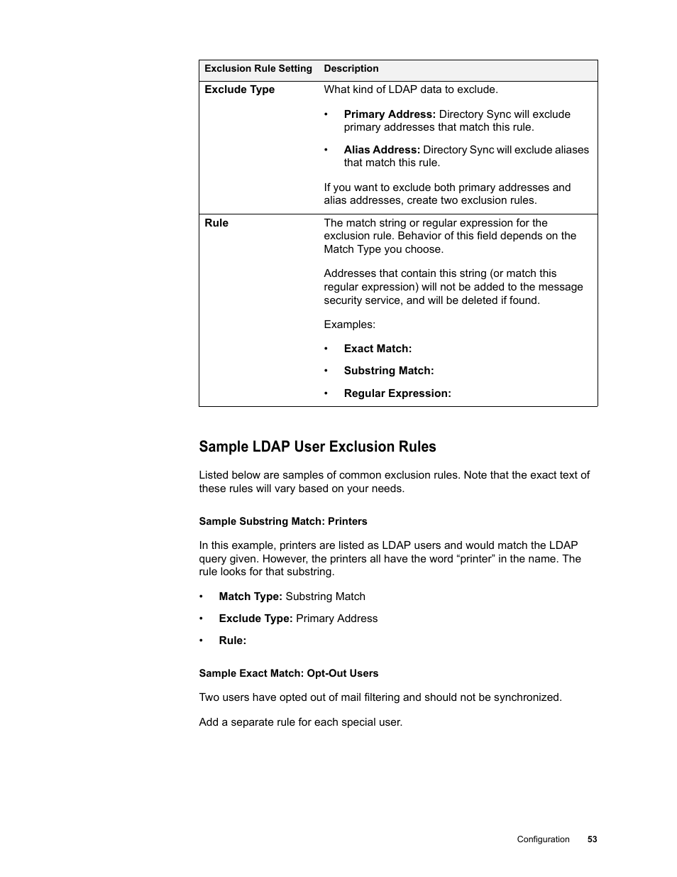 Sample ldap user exclusion rules | Google Apps Directory Sync for Postini Services Administration Guide User Manual | Page 50 / 73