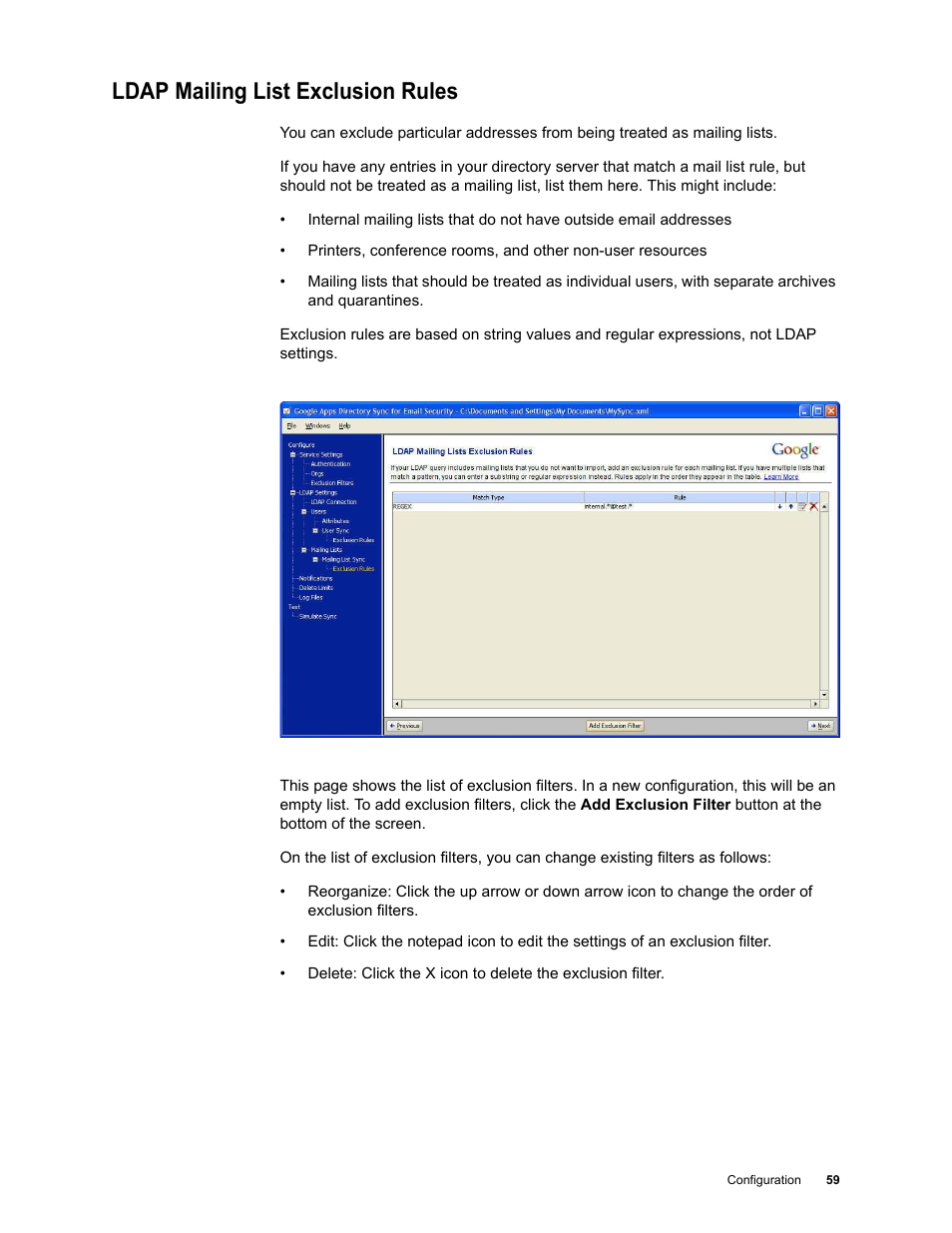 Ldap mailing list exclusion rules | Google Apps Directory Sync for Postini Services Administration Guide User Manual | Page 56 / 73