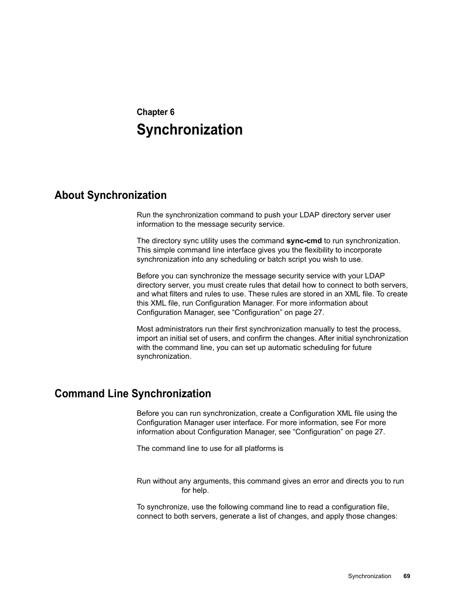 Synchronization, About synchronization, Command line synchronization | Chapter 6: synchronization | Google Apps Directory Sync for Postini Services Administration Guide User Manual | Page 66 / 73