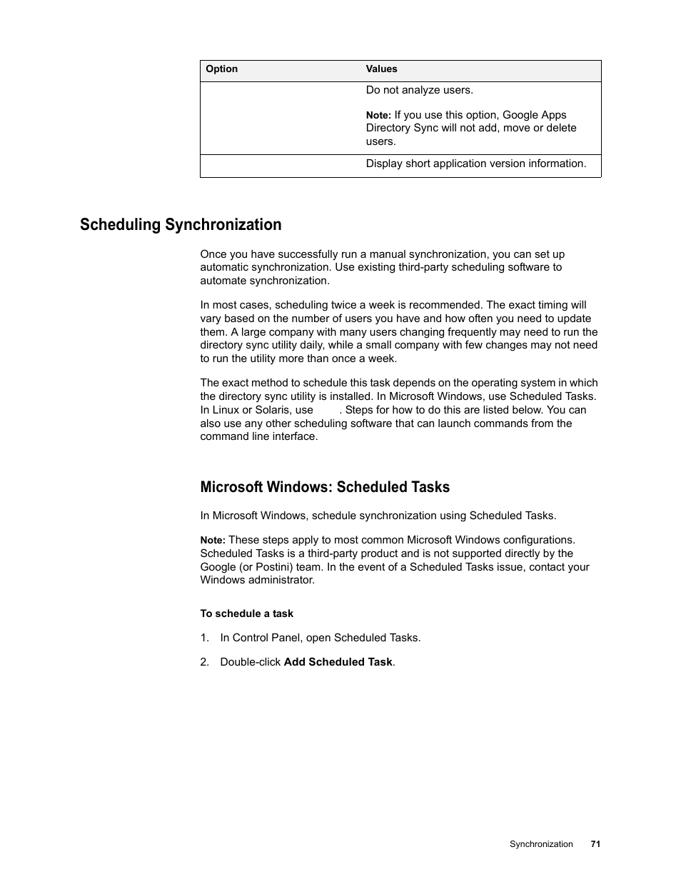 Scheduling synchronization, Microsoft windows: scheduled tasks | Google Apps Directory Sync for Postini Services Administration Guide User Manual | Page 68 / 73