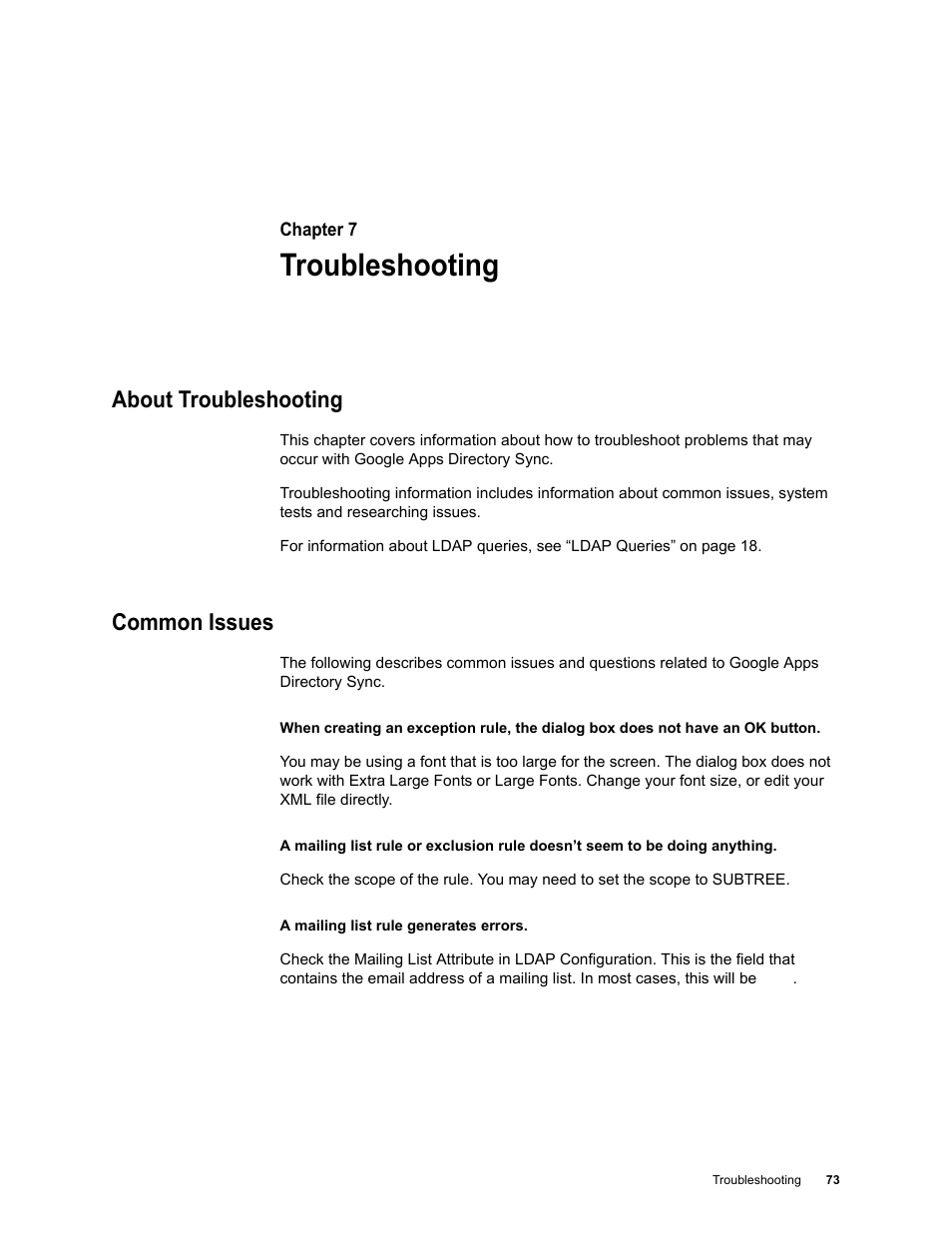 Troubleshooting, About troubleshooting, Common issues | Chapter 7: troubleshooting | Google Apps Directory Sync for Postini Services Administration Guide User Manual | Page 70 / 73