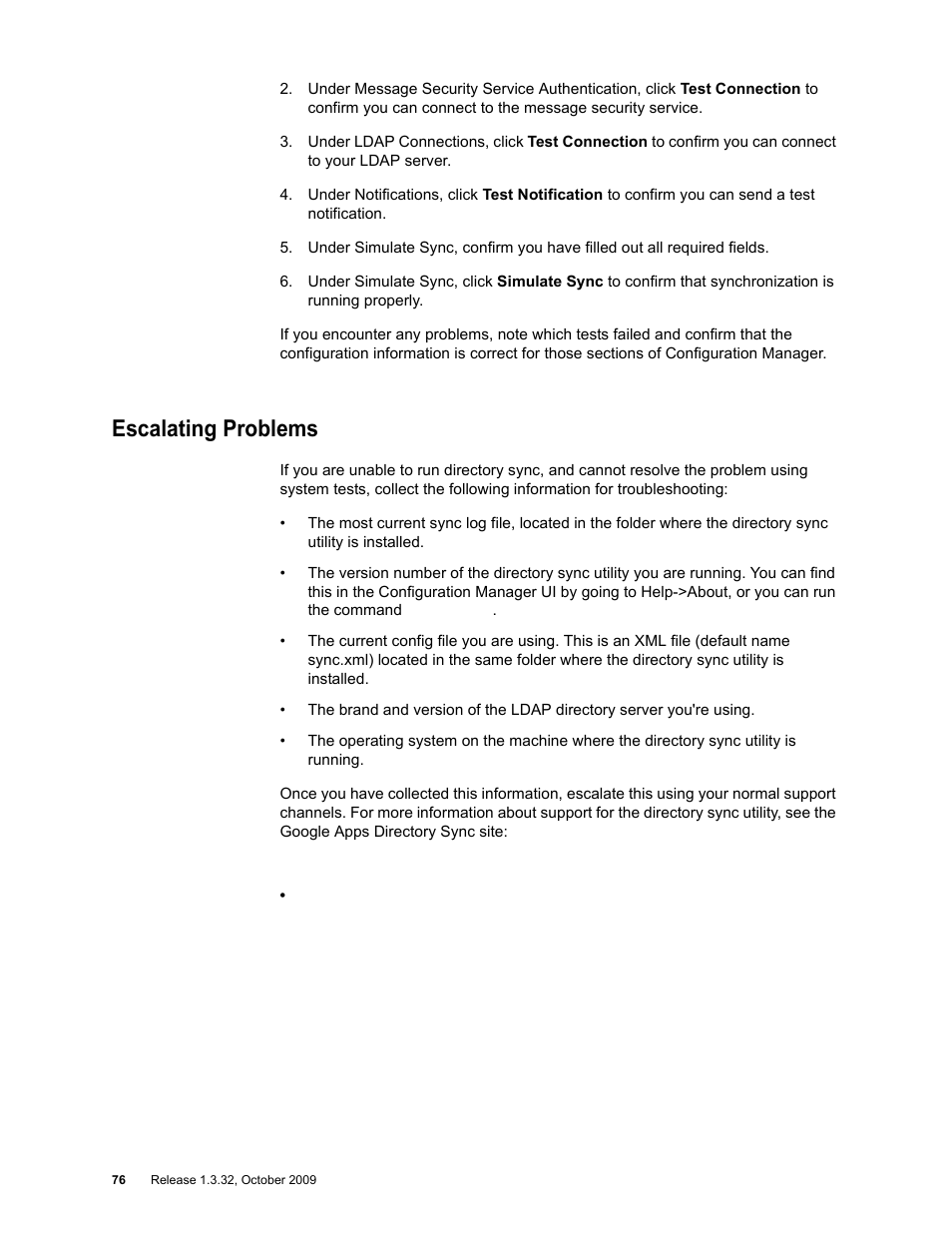 Escalating problems | Google Apps Directory Sync for Postini Services Administration Guide User Manual | Page 73 / 73