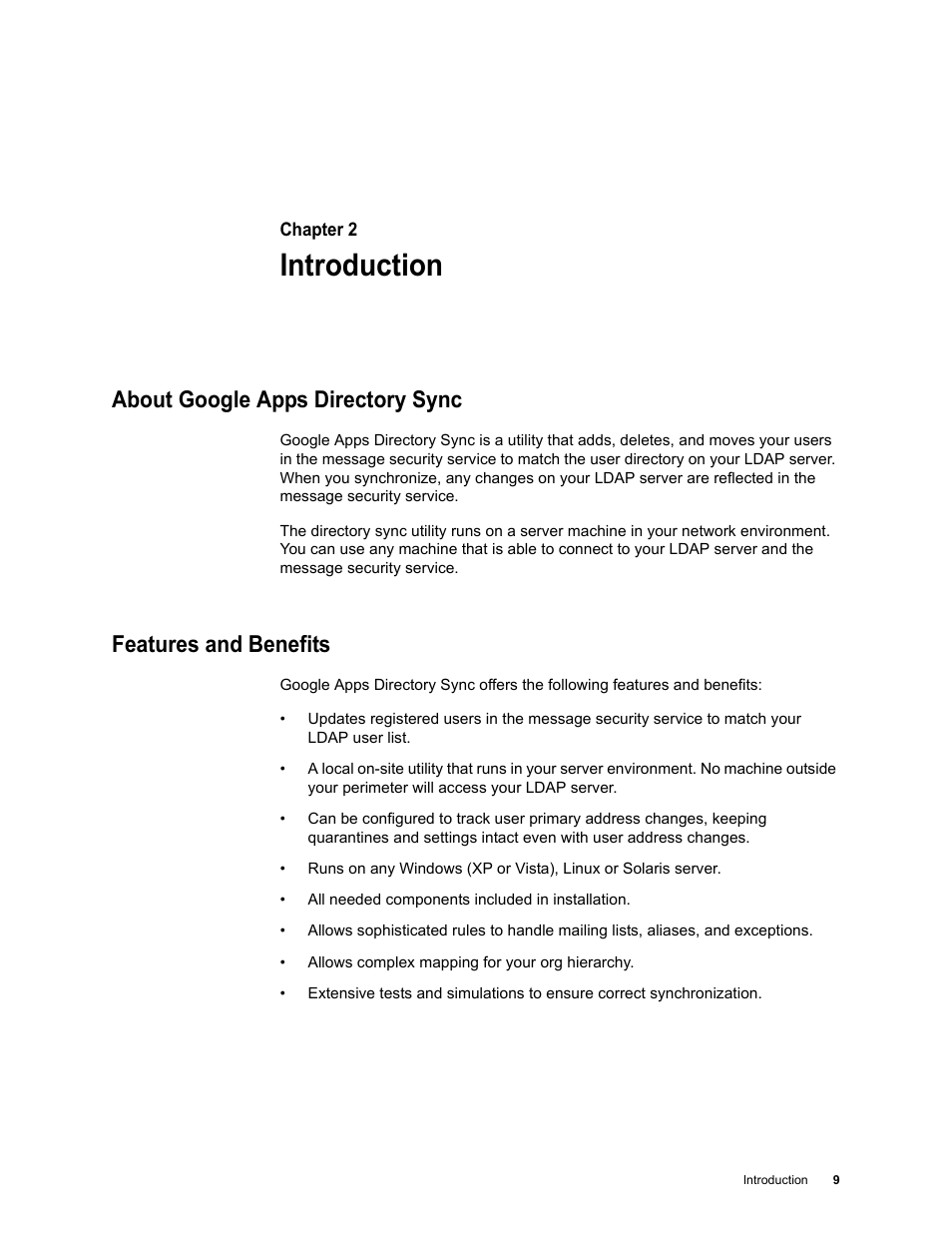 Introduction, About google apps directory sync, Features and benefits | Chapter 2: introduction | Google Apps Directory Sync for Postini Services Administration Guide User Manual | Page 8 / 73