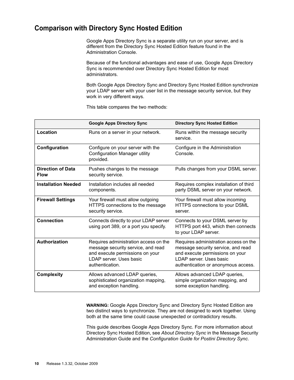 Comparison with directory sync hosted edition | Google Apps Directory Sync for Postini Services Administration Guide User Manual | Page 9 / 73