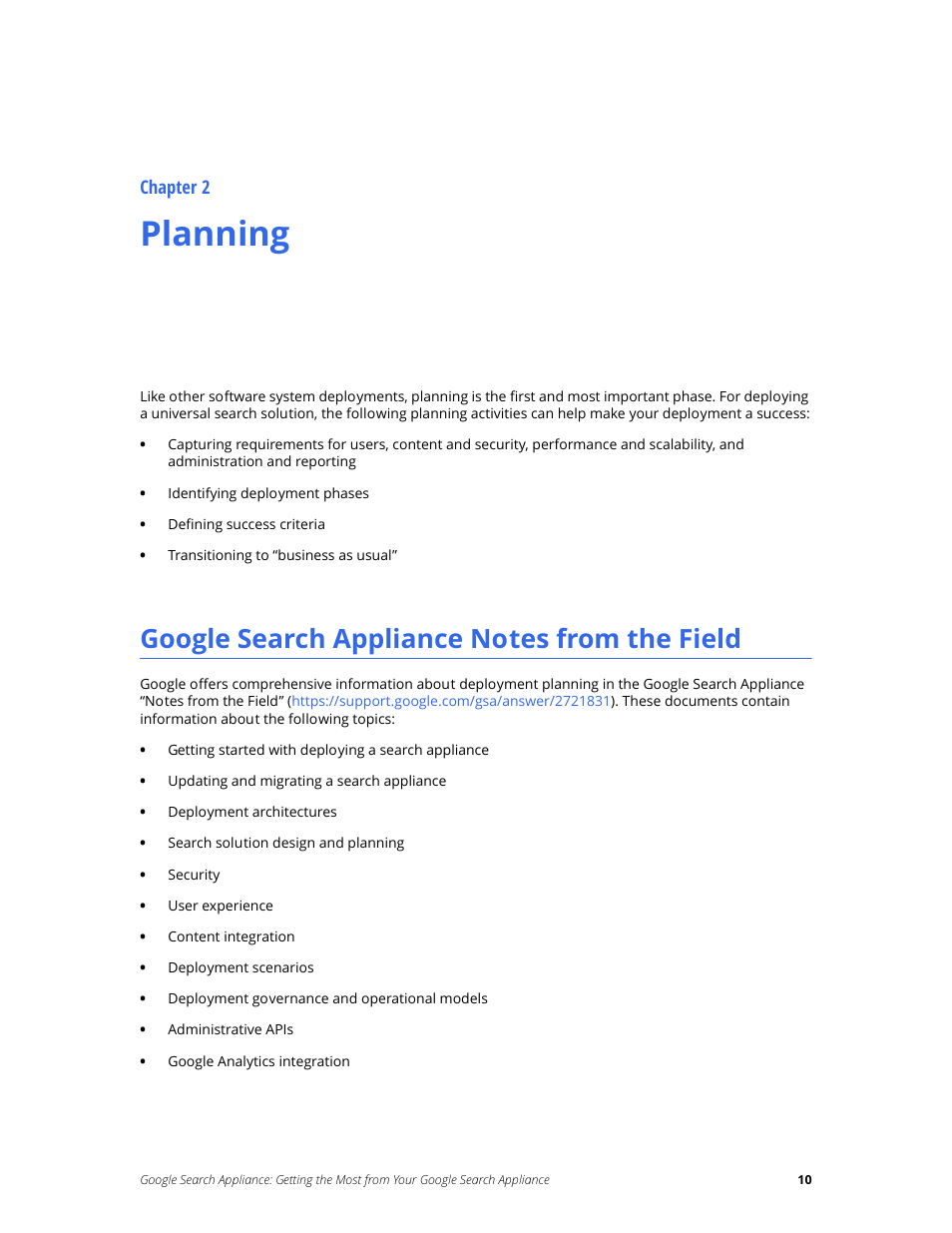 Planning, Google search appliance notes from the field, Chapter 2 | Google Search Appliance Getting the Most from Your Google Search Appliance User Manual | Page 10 / 82