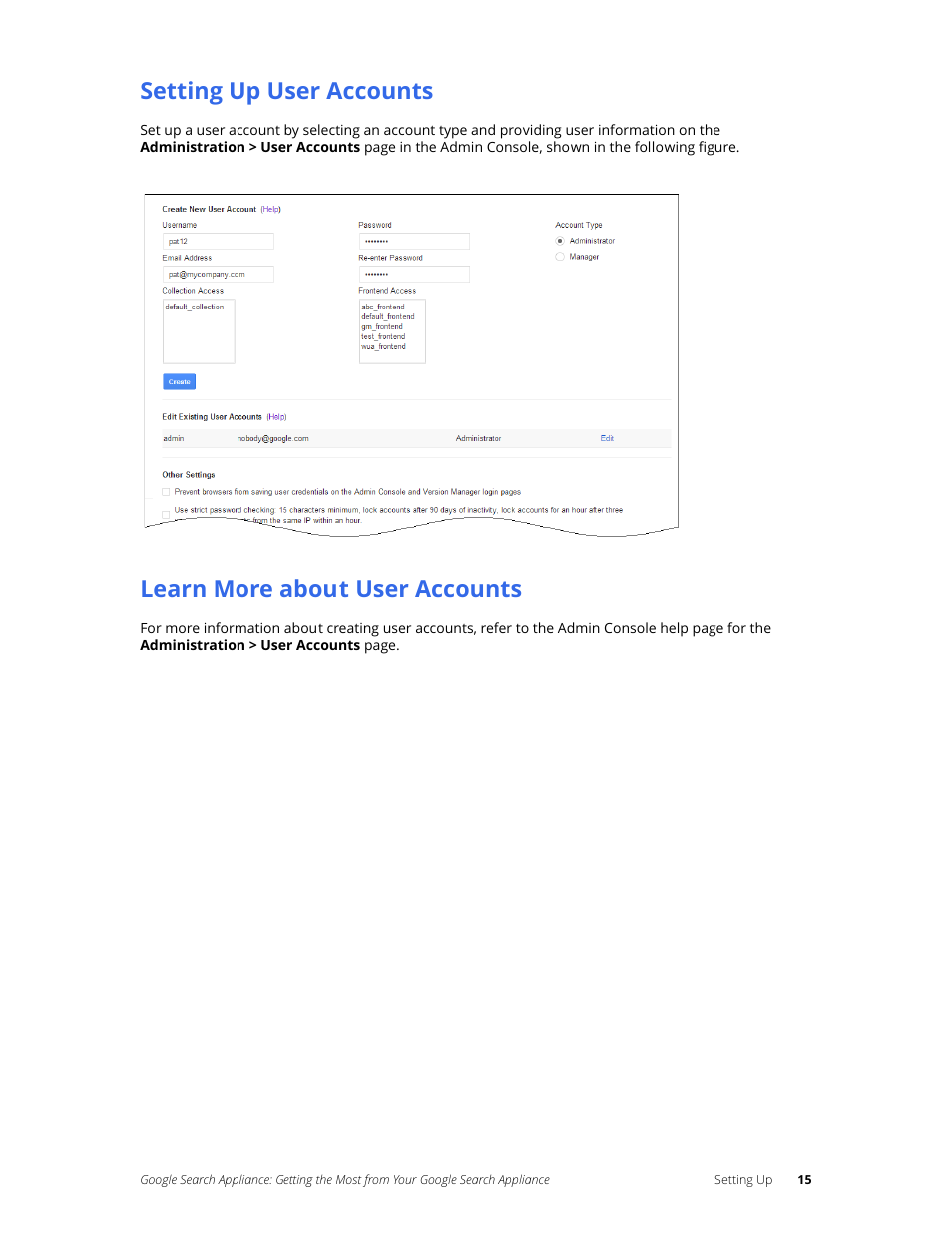 Setting up user accounts, Learn more about user accounts | Google Search Appliance Getting the Most from Your Google Search Appliance User Manual | Page 15 / 82