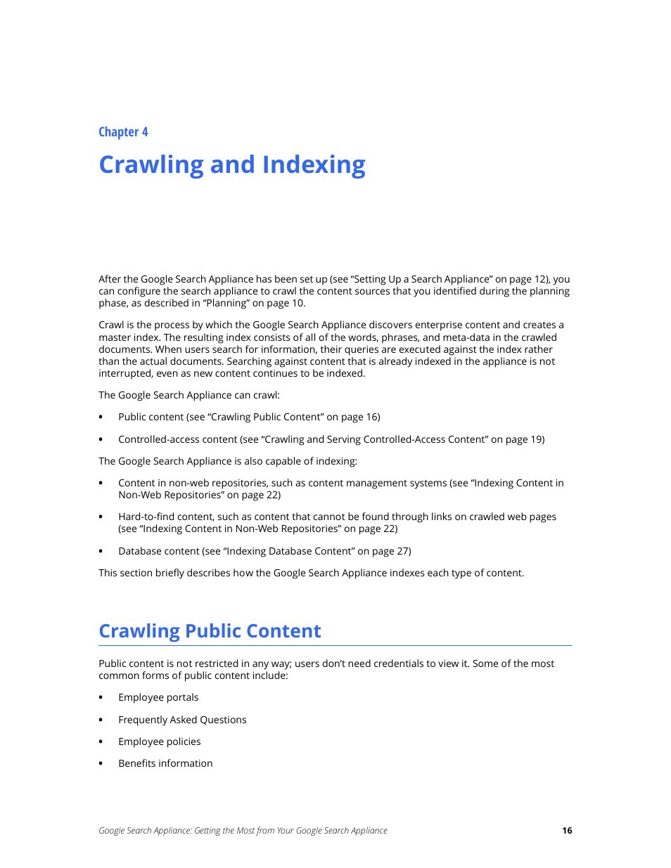 Crawling and indexing, Crawling public content, Chapter 4 | Google Search Appliance Getting the Most from Your Google Search Appliance User Manual | Page 16 / 82