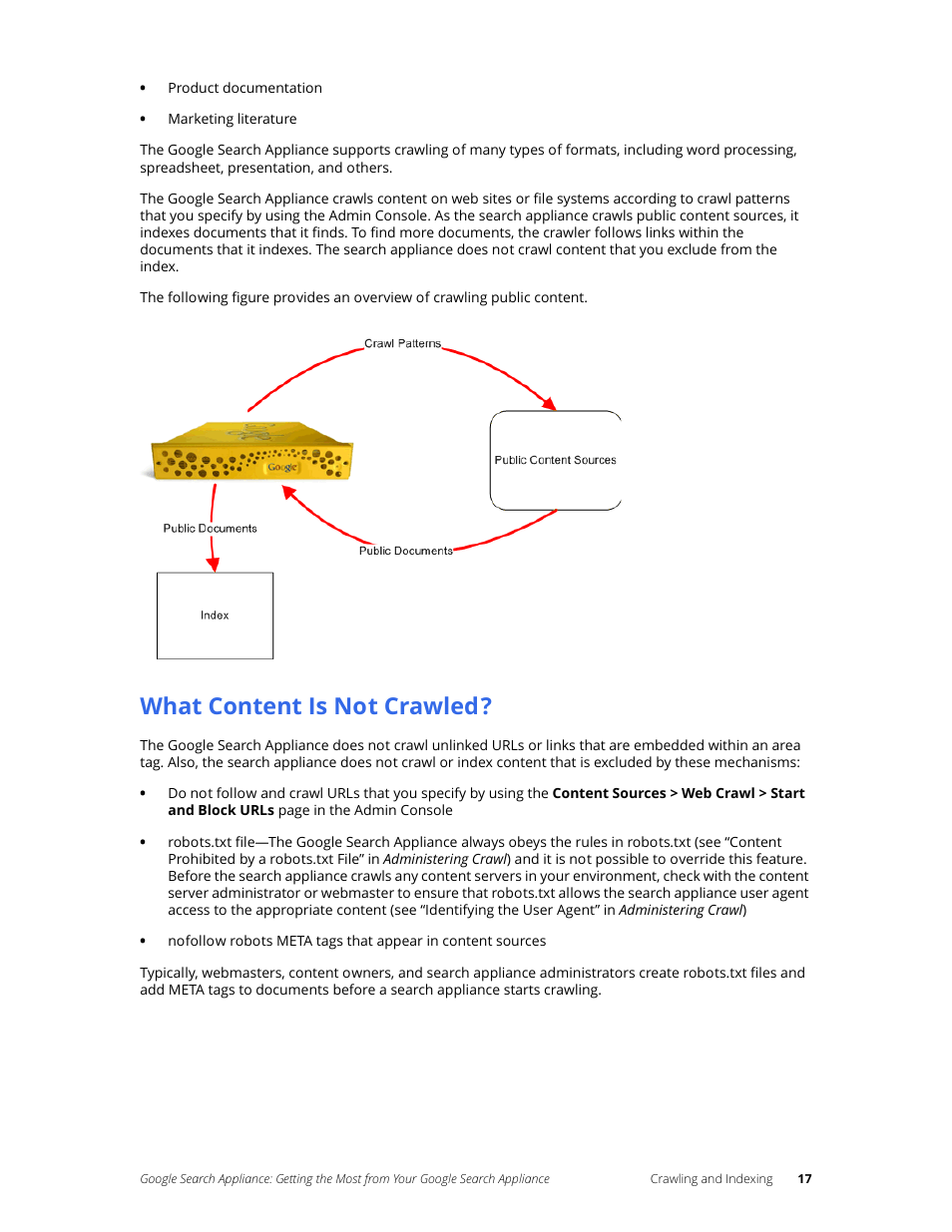 What content is not crawled | Google Search Appliance Getting the Most from Your Google Search Appliance User Manual | Page 17 / 82