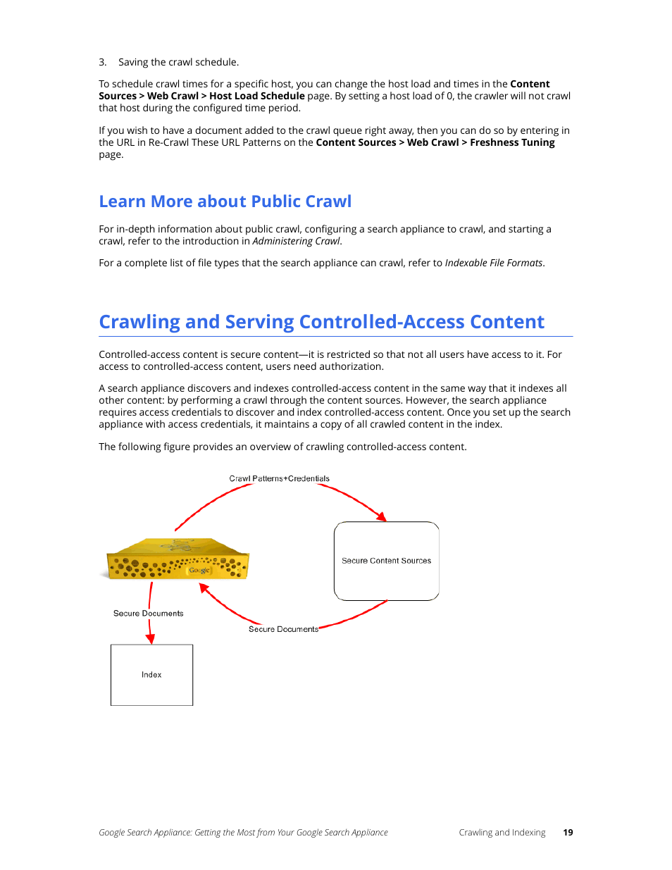 Learn more about public crawl, Crawling and serving controlled-access content | Google Search Appliance Getting the Most from Your Google Search Appliance User Manual | Page 19 / 82