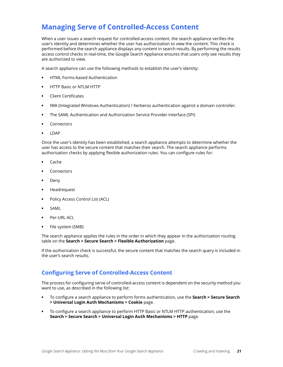 Managing serve of controlled-access content, Configuring serve of controlled-access content | Google Search Appliance Getting the Most from Your Google Search Appliance User Manual | Page 21 / 82