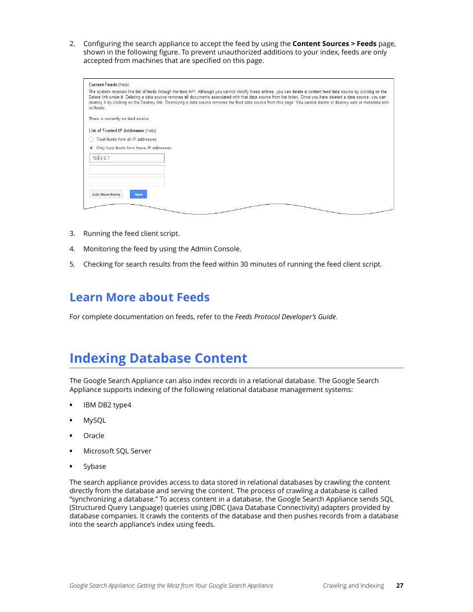 Learn more about feeds, Indexing database content | Google Search Appliance Getting the Most from Your Google Search Appliance User Manual | Page 27 / 82