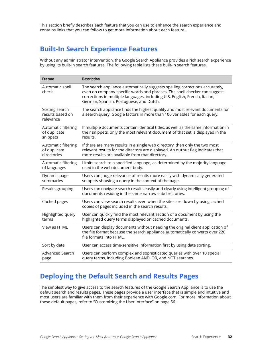 Built-in search experience features, Deploying the default search and results pages | Google Search Appliance Getting the Most from Your Google Search Appliance User Manual | Page 32 / 82