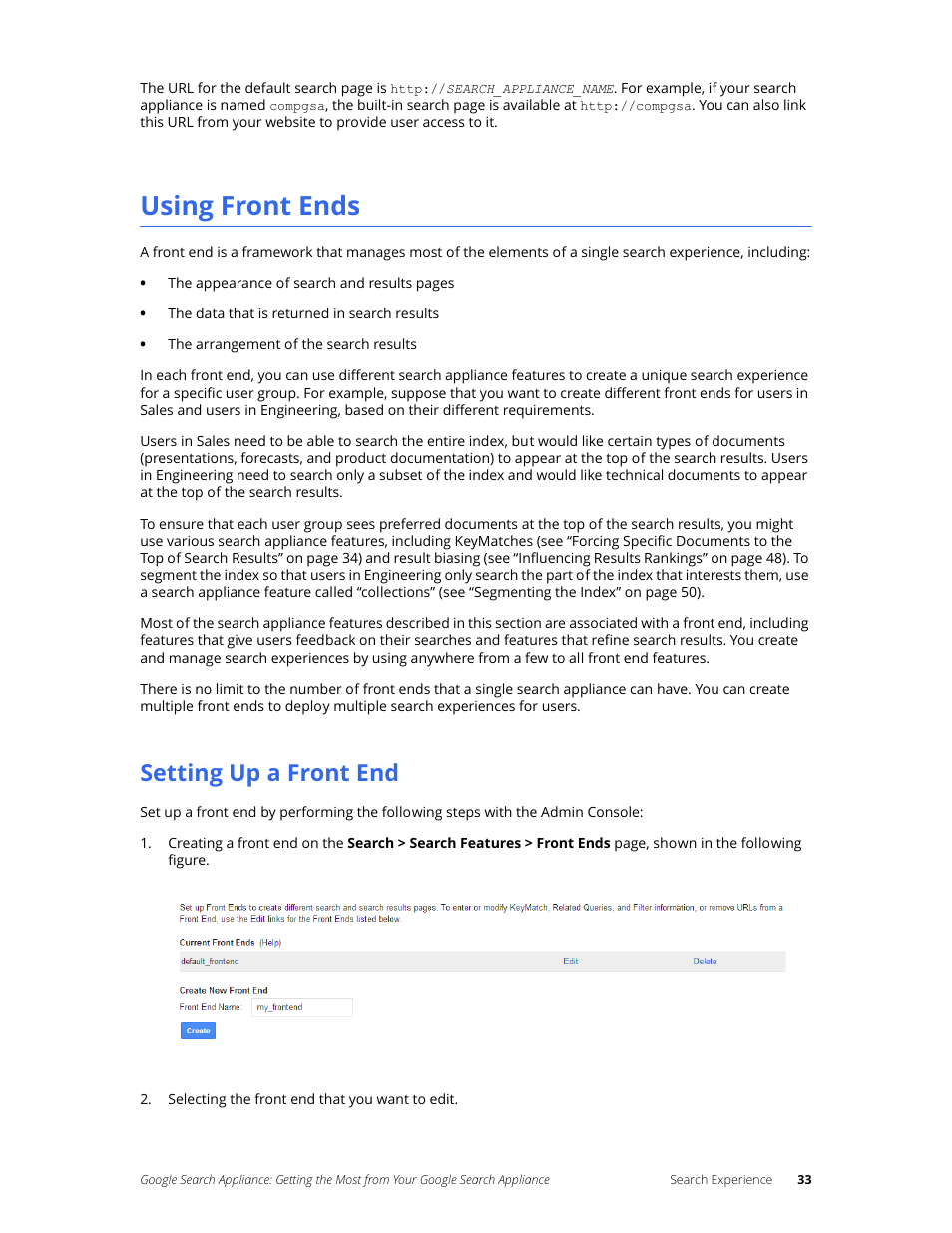 Using front ends, Setting up a front end | Google Search Appliance Getting the Most from Your Google Search Appliance User Manual | Page 33 / 82