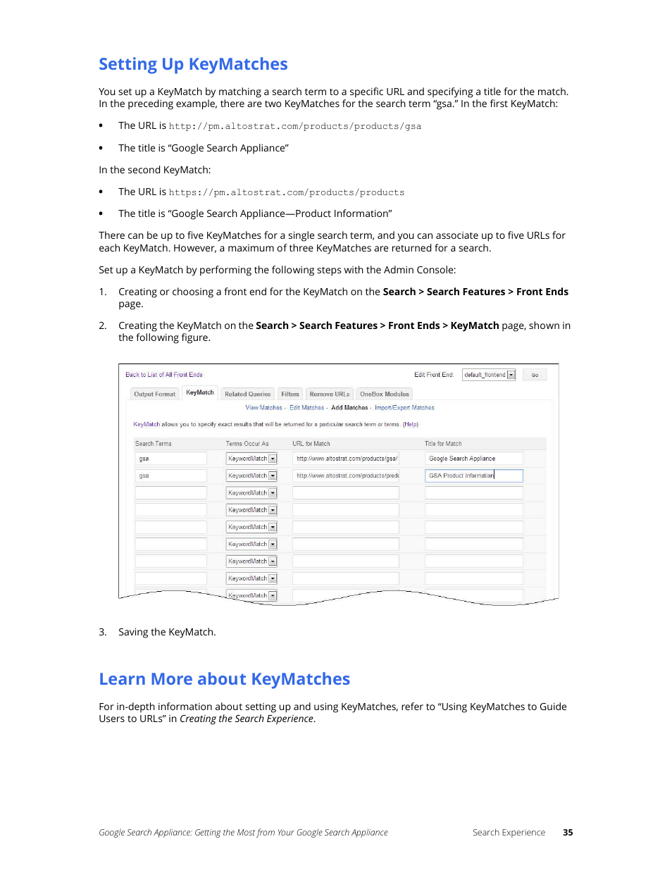 Setting up keymatches, Learn more about keymatches | Google Search Appliance Getting the Most from Your Google Search Appliance User Manual | Page 35 / 82