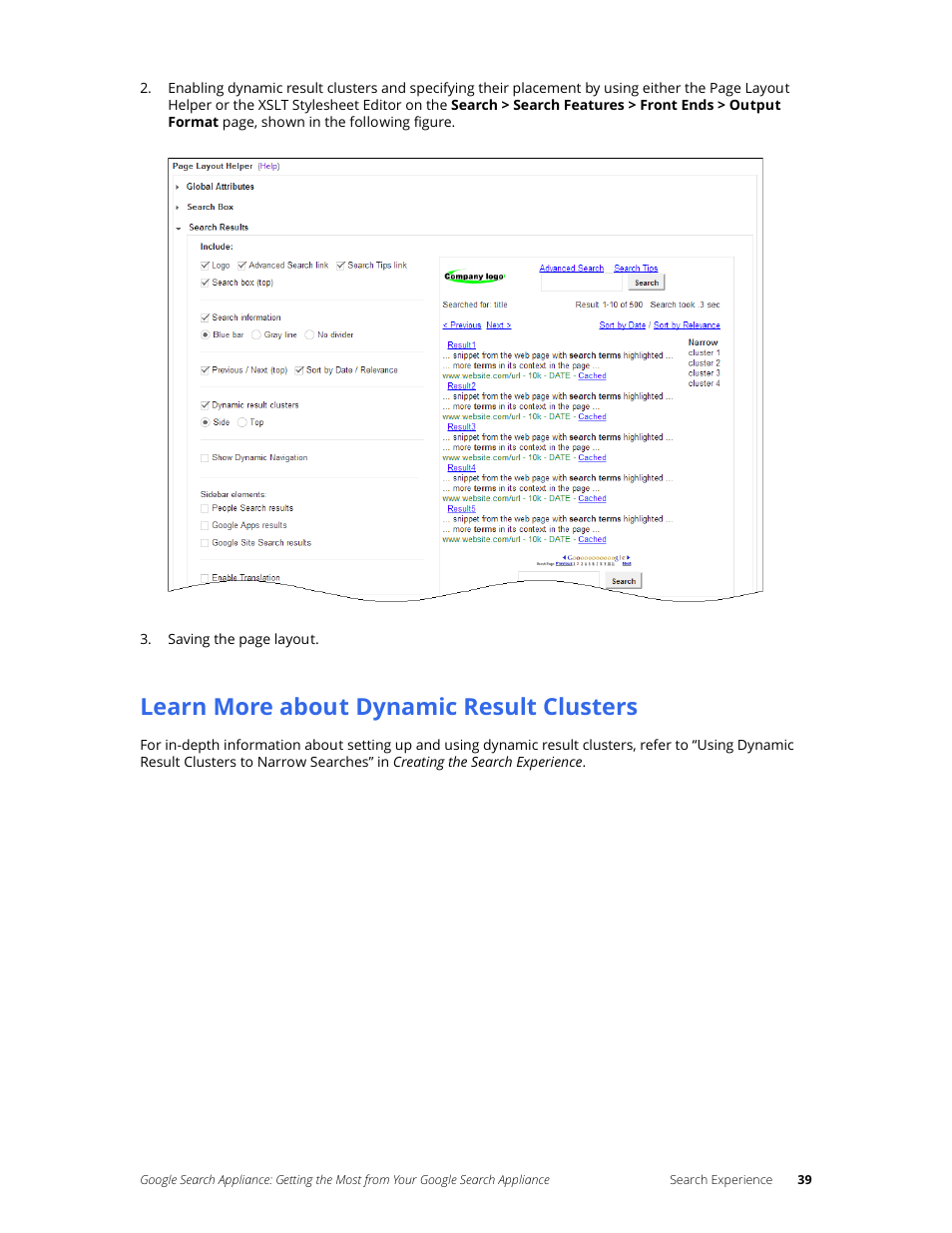 Learn more about dynamic result clusters | Google Search Appliance Getting the Most from Your Google Search Appliance User Manual | Page 39 / 82