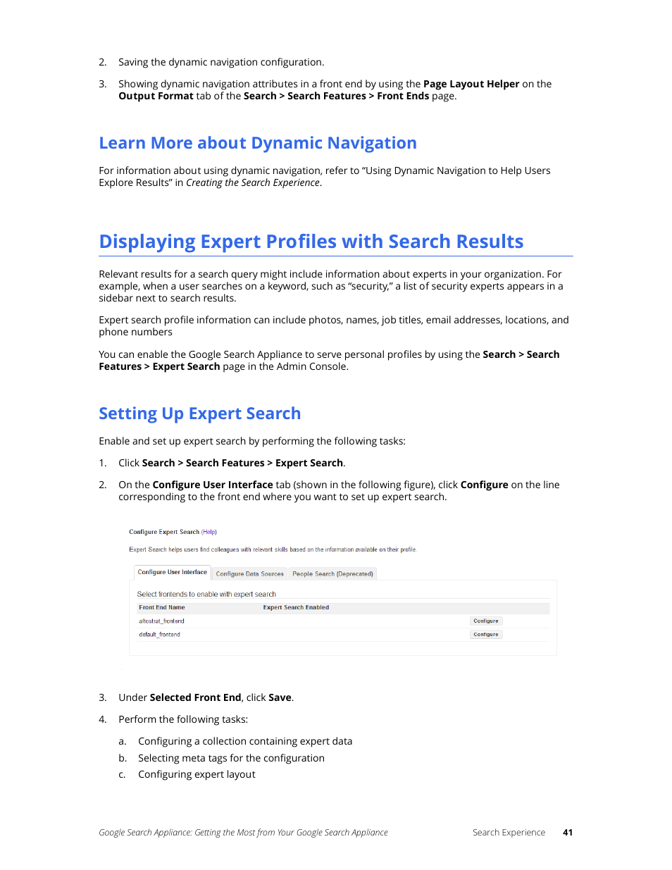 Learn more about dynamic navigation, Displaying expert profiles with search results, Setting up expert search | Google Search Appliance Getting the Most from Your Google Search Appliance User Manual | Page 41 / 82