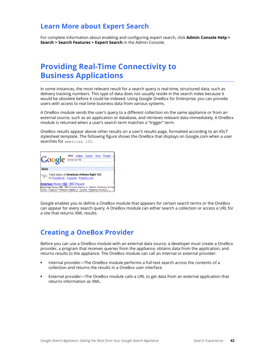 Learn more about expert search, Creating a onebox provider | Google Search Appliance Getting the Most from Your Google Search Appliance User Manual | Page 42 / 82