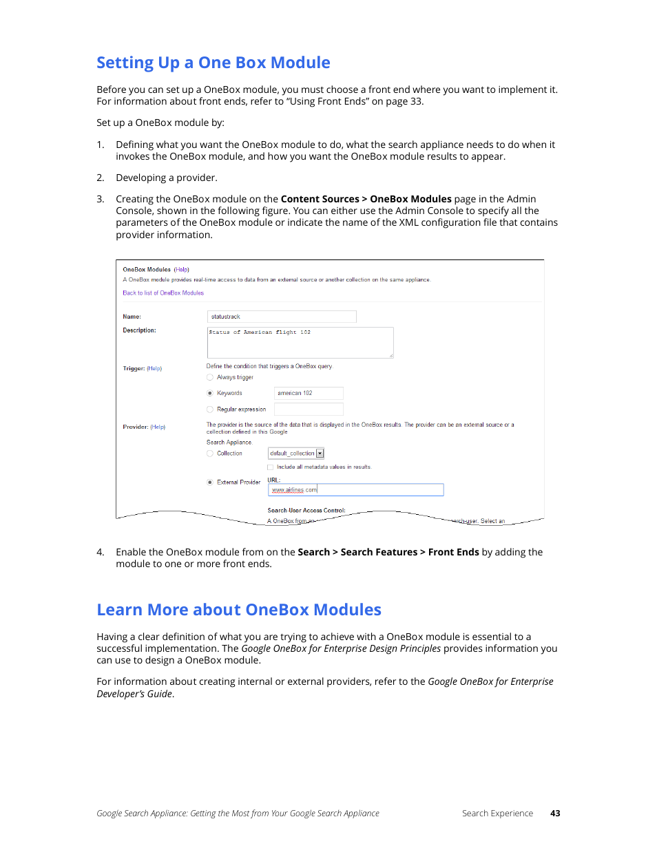 Setting up a one box module, Learn more about onebox modules | Google Search Appliance Getting the Most from Your Google Search Appliance User Manual | Page 43 / 82