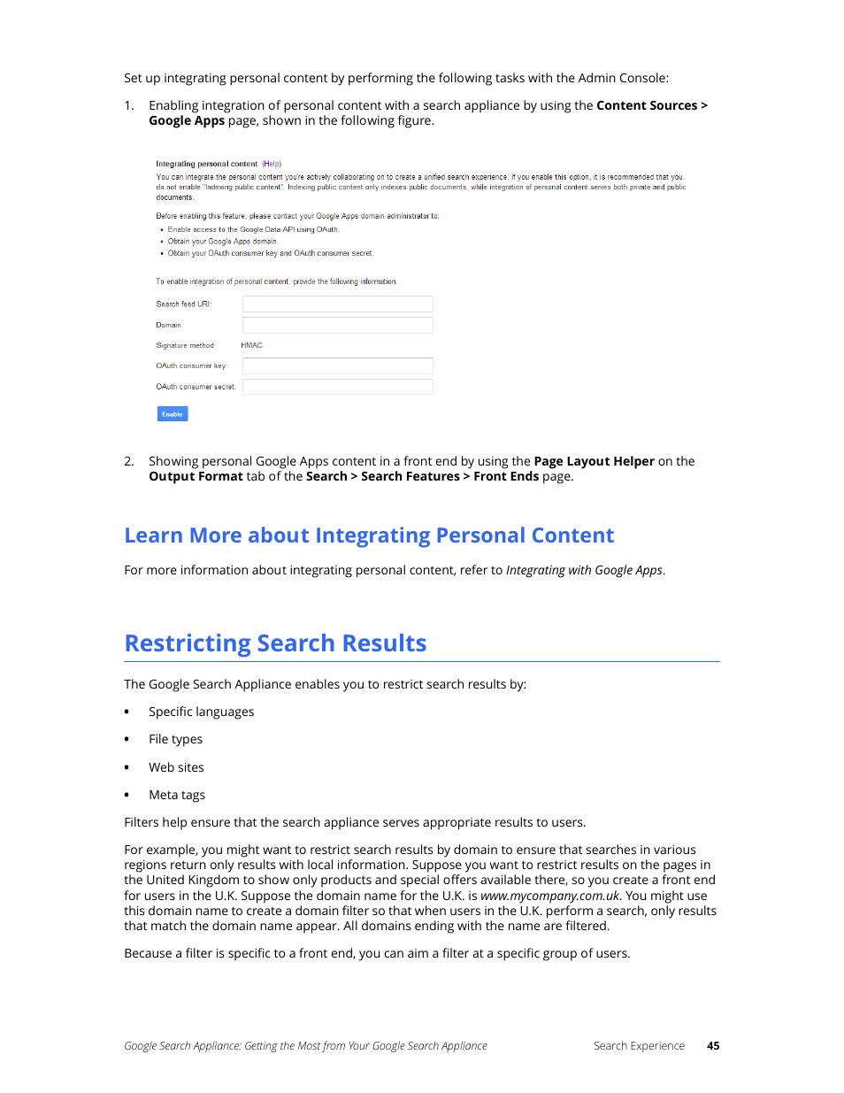 Learn more about integrating personal content, Restricting search results | Google Search Appliance Getting the Most from Your Google Search Appliance User Manual | Page 45 / 82