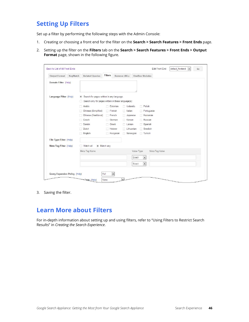 Setting up filters, Learn more about filters | Google Search Appliance Getting the Most from Your Google Search Appliance User Manual | Page 46 / 82