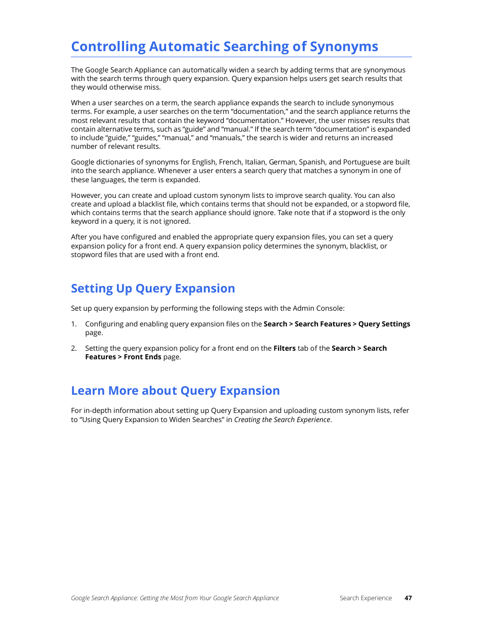 Controlling automatic searching of synonyms, Setting up query expansion, Learn more about query expansion | Google Search Appliance Getting the Most from Your Google Search Appliance User Manual | Page 47 / 82