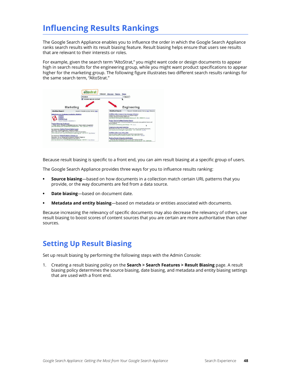 Influencing results rankings, Setting up result biasing | Google Search Appliance Getting the Most from Your Google Search Appliance User Manual | Page 48 / 82