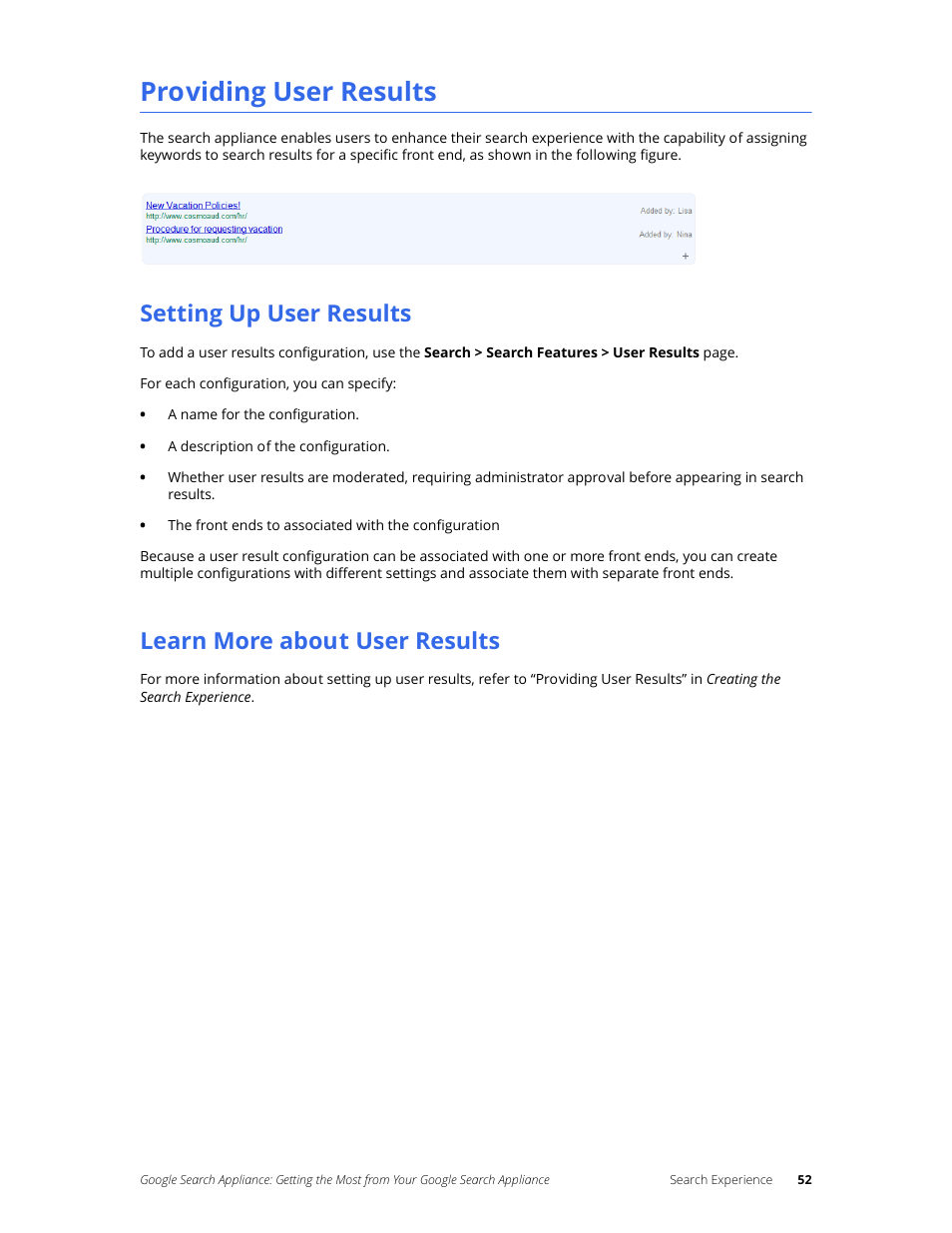 Providing user results, Setting up user results, Learn more about user results | Google Search Appliance Getting the Most from Your Google Search Appliance User Manual | Page 52 / 82
