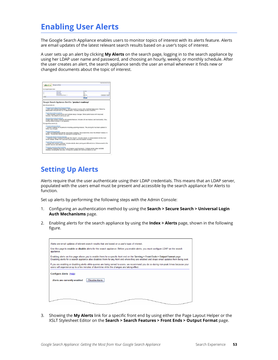 Enabling user alerts, Setting up alerts | Google Search Appliance Getting the Most from Your Google Search Appliance User Manual | Page 53 / 82