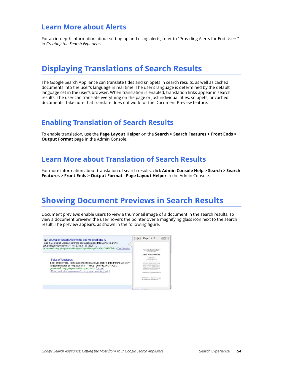 Learn more about alerts, Displaying translations of search results, Enabling translation of search results | Learn more about translation of search results, Showing document previews in search results | Google Search Appliance Getting the Most from Your Google Search Appliance User Manual | Page 54 / 82