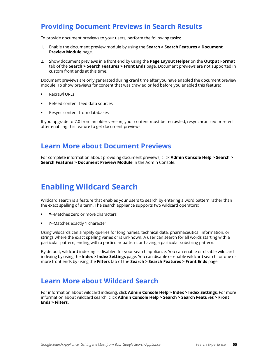 Providing document previews in search results, Learn more about document previews, Enabling wildcard search | Learn more about wildcard search | Google Search Appliance Getting the Most from Your Google Search Appliance User Manual | Page 55 / 82