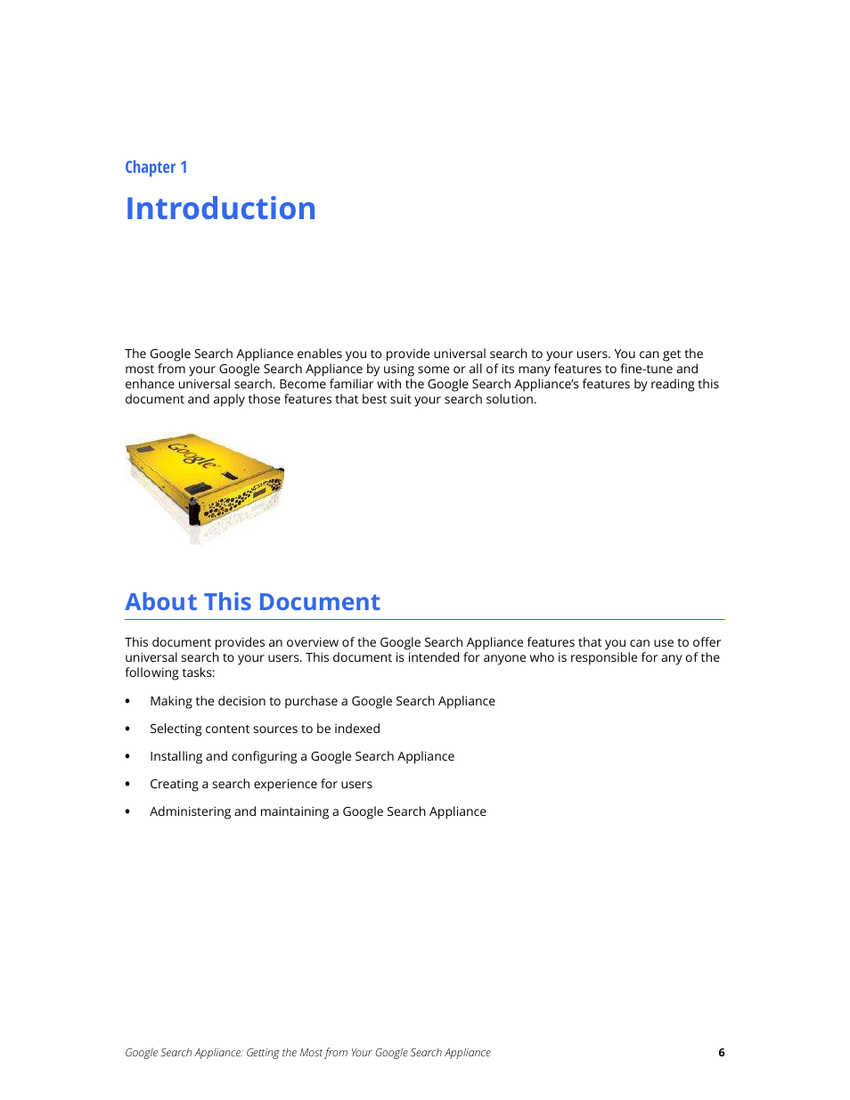 Introduction, About this document, Chapter 1 | Google Search Appliance Getting the Most from Your Google Search Appliance User Manual | Page 6 / 82