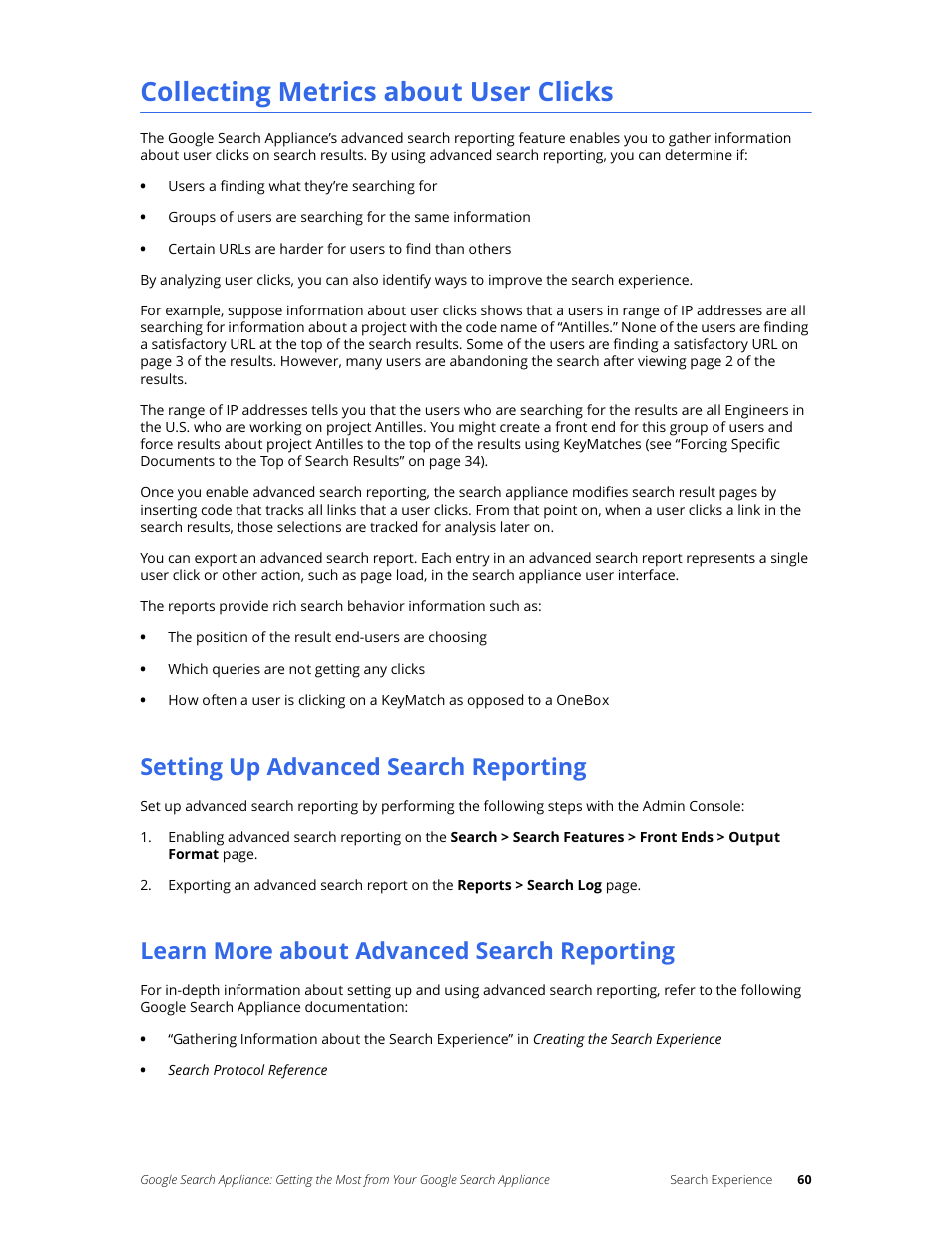 Collecting metrics about user clicks, Setting up advanced search reporting, Learn more about advanced search reporting | Google Search Appliance Getting the Most from Your Google Search Appliance User Manual | Page 60 / 82