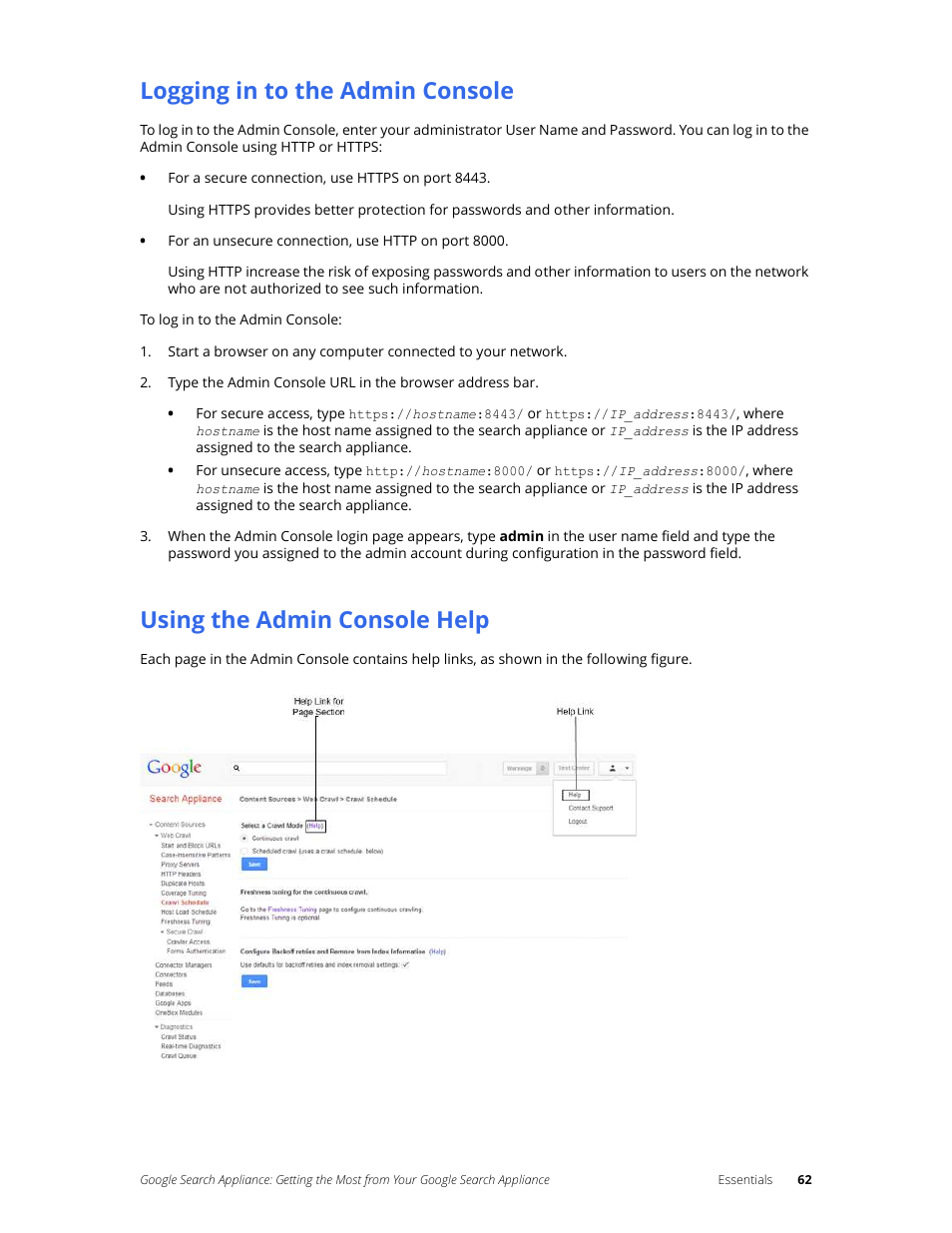 Logging in to the admin console, Using the admin console help | Google Search Appliance Getting the Most from Your Google Search Appliance User Manual | Page 62 / 82