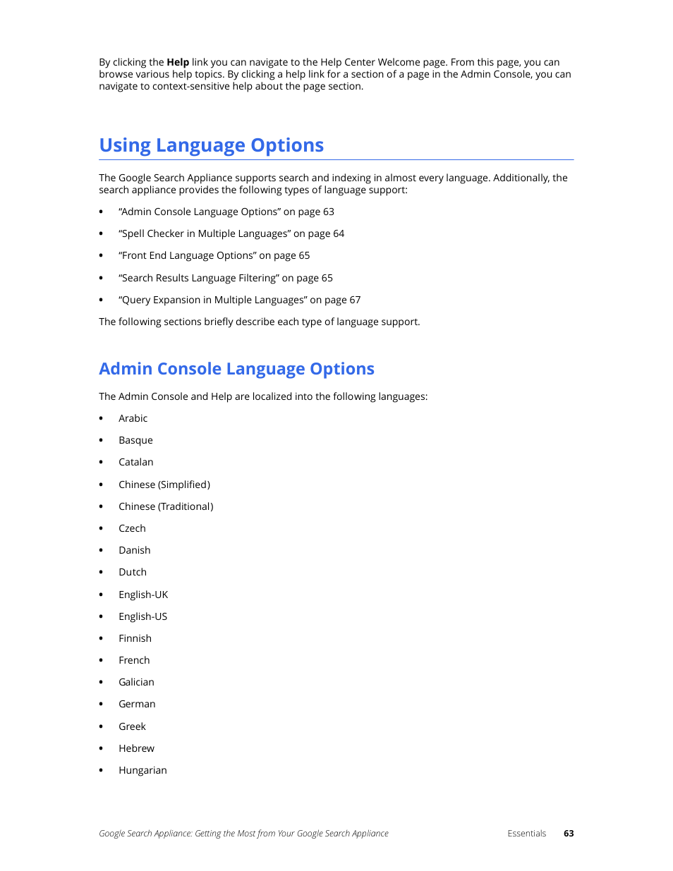 Using language options, Admin console language options | Google Search Appliance Getting the Most from Your Google Search Appliance User Manual | Page 63 / 82