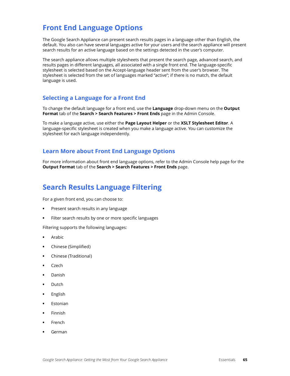 Front end language options, Search results language filtering, Selecting a language for a front end | Learn more about front end language options | Google Search Appliance Getting the Most from Your Google Search Appliance User Manual | Page 65 / 82