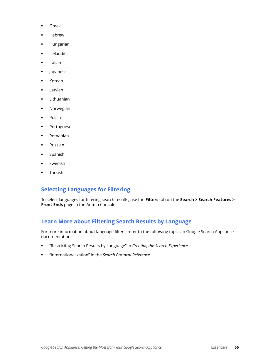 Selecting languages for filtering | Google Search Appliance Getting the Most from Your Google Search Appliance User Manual | Page 66 / 82