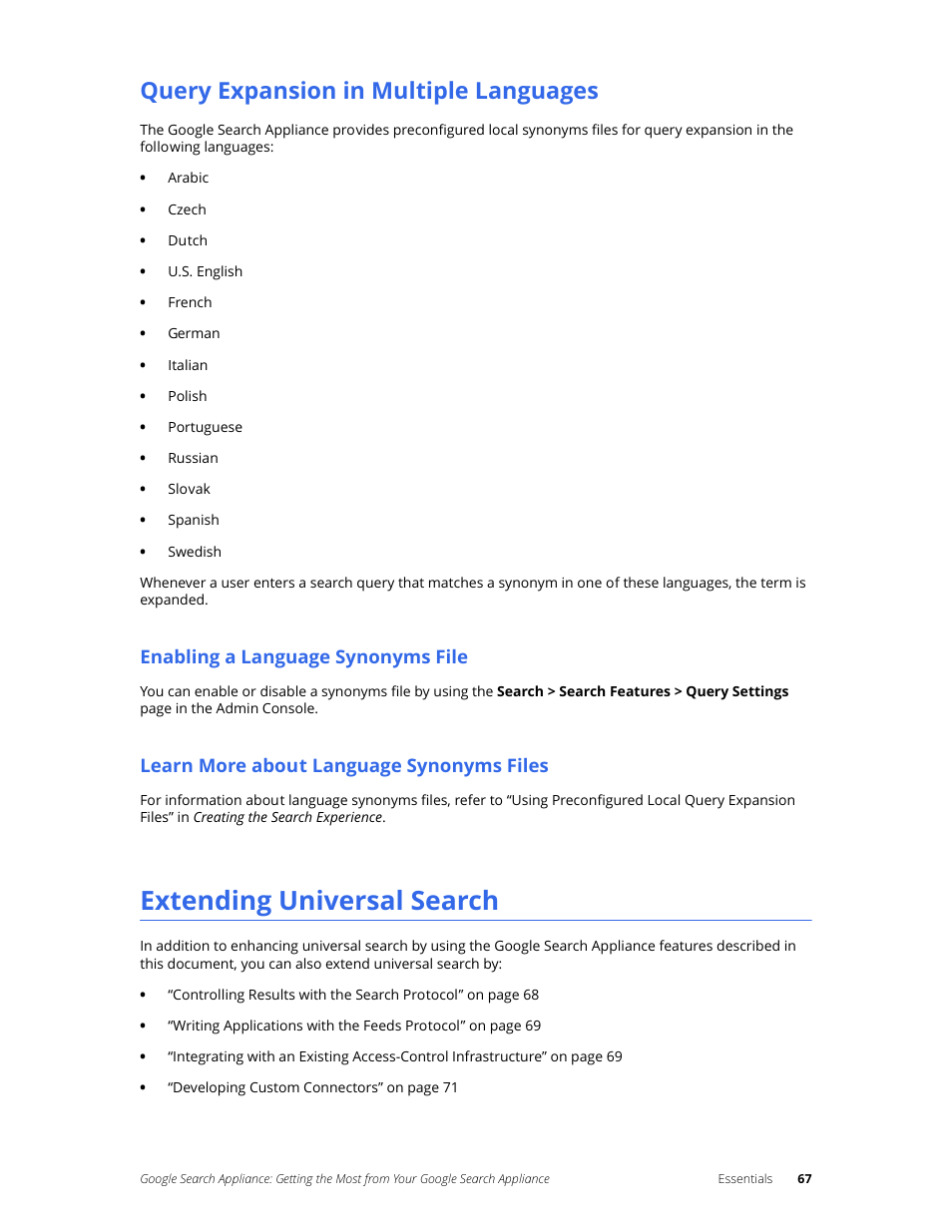 Query expansion in multiple languages, Extending universal search, Enabling a language synonyms file | Learn more about language synonyms files | Google Search Appliance Getting the Most from Your Google Search Appliance User Manual | Page 67 / 82