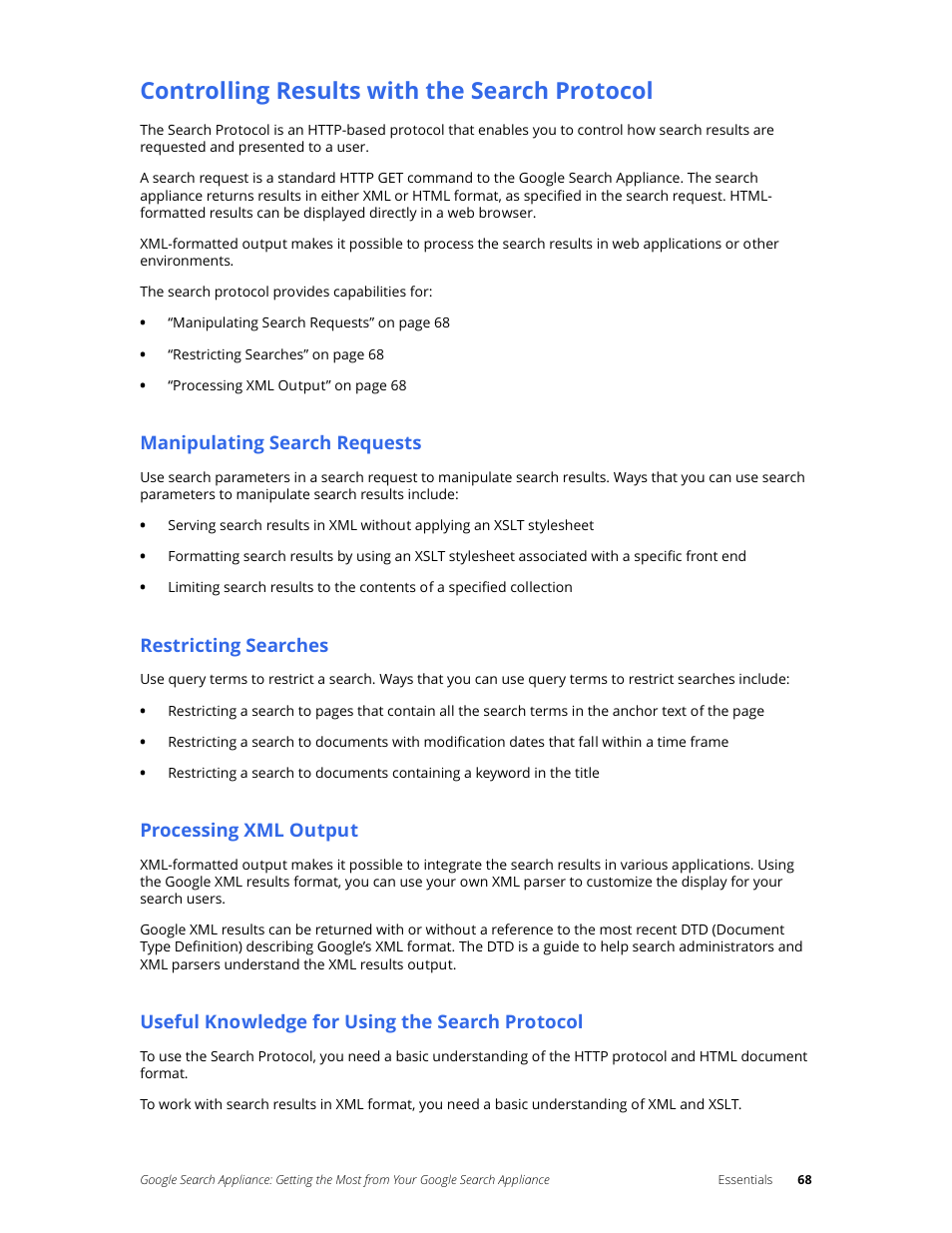 Controlling results with the search protocol, Manipulating search requests, Restricting searches | Processing xml output, Useful knowledge for using the search protocol | Google Search Appliance Getting the Most from Your Google Search Appliance User Manual | Page 68 / 82