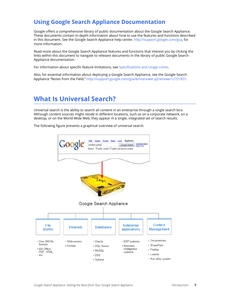 Using google search appliance documentation, What is universal search | Google Search Appliance Getting the Most from Your Google Search Appliance User Manual | Page 7 / 82