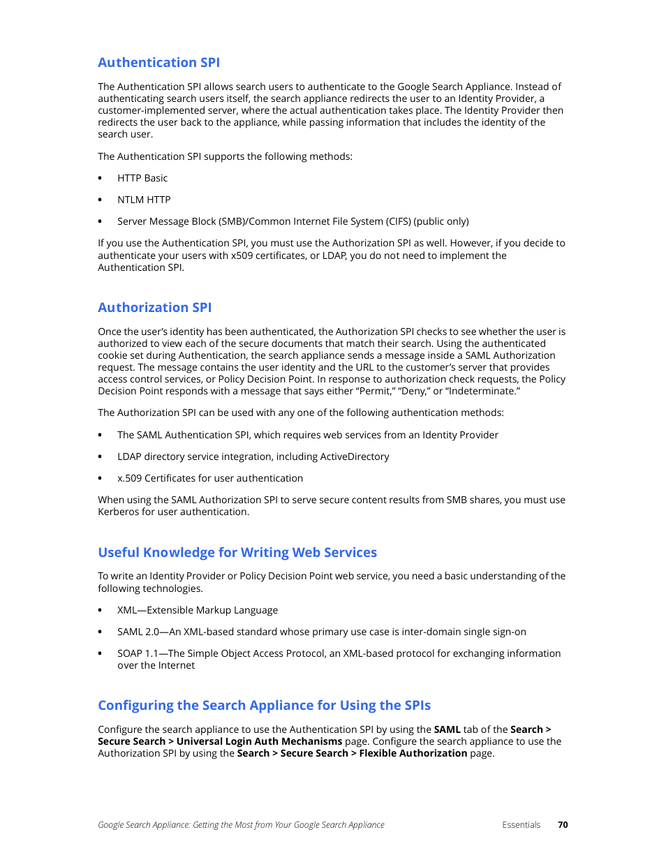 Authentication spi, Authorization spi, Useful knowledge for writing web services | Google Search Appliance Getting the Most from Your Google Search Appliance User Manual | Page 70 / 82