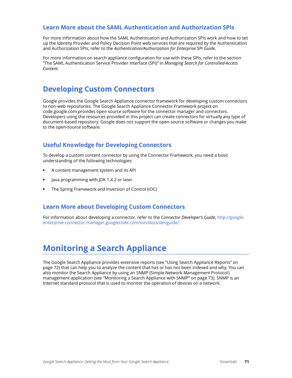 Developing custom connectors, Monitoring a search appliance | Google Search Appliance Getting the Most from Your Google Search Appliance User Manual | Page 71 / 82