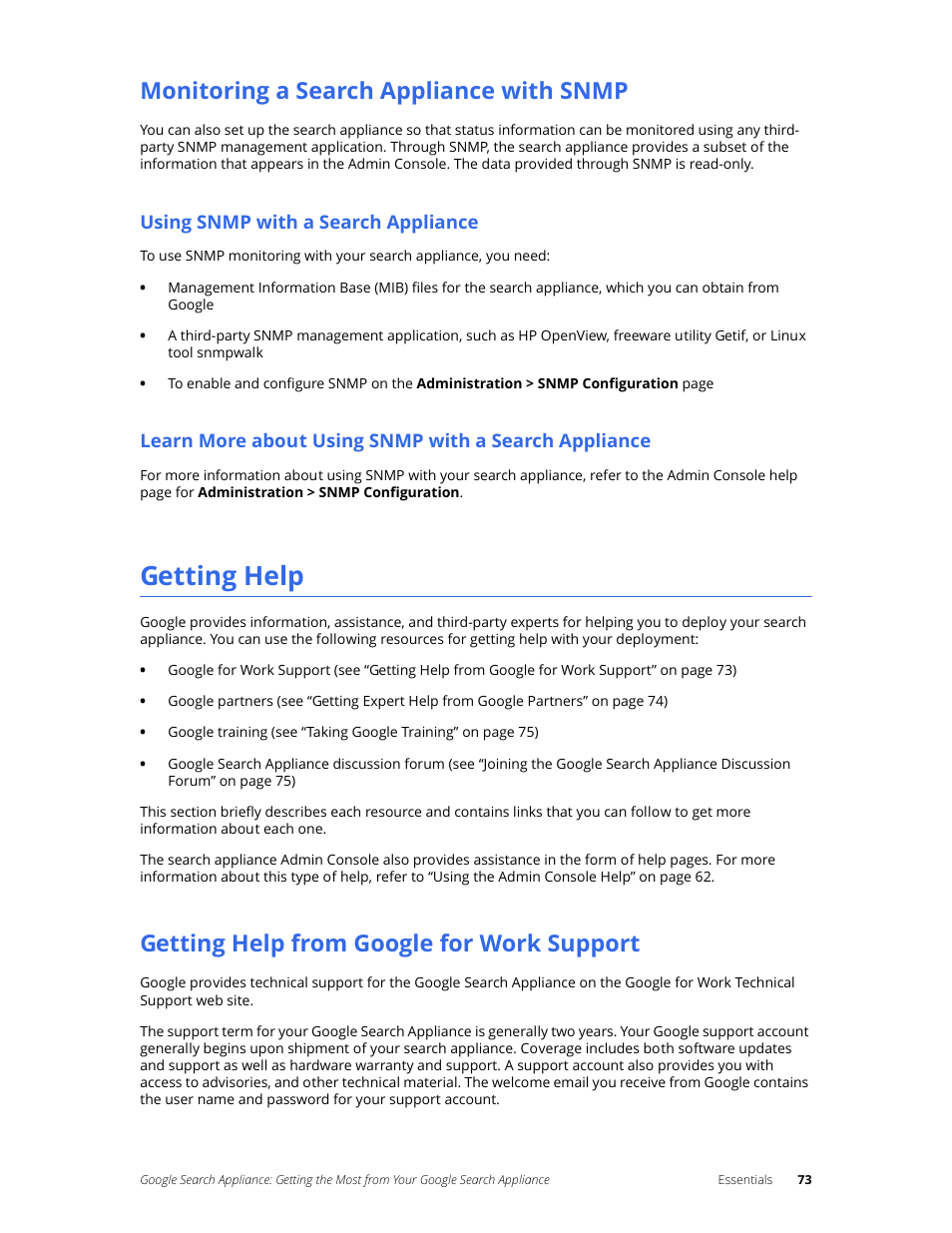 Monitoring a search appliance with snmp, Getting help, Getting help from google for work support | Google Search Appliance Getting the Most from Your Google Search Appliance User Manual | Page 73 / 82