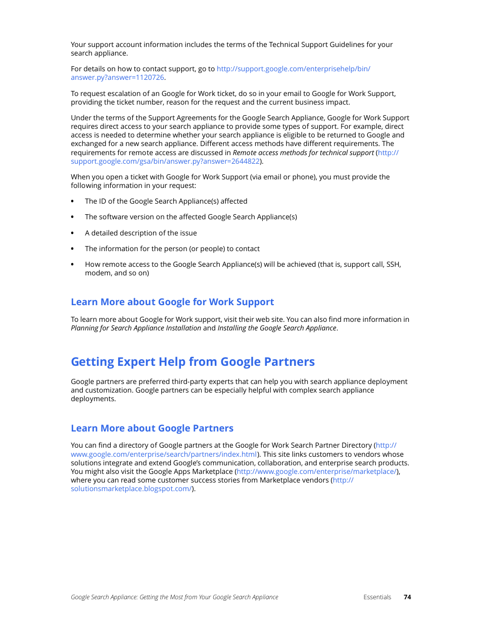 Getting expert help from google partners, Learn more about google for work support, Learn more about google partners | Google Search Appliance Getting the Most from Your Google Search Appliance User Manual | Page 74 / 82