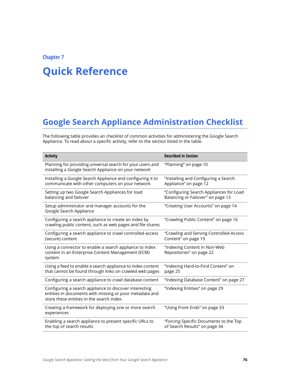 Quick reference, Google search appliance administration checklist, Chapter 7 | Google Search Appliance Getting the Most from Your Google Search Appliance User Manual | Page 76 / 82