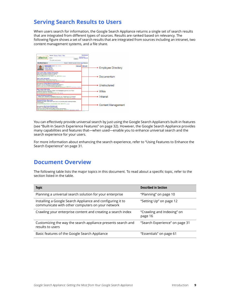 Serving search results to users, Document overview | Google Search Appliance Getting the Most from Your Google Search Appliance User Manual | Page 9 / 82