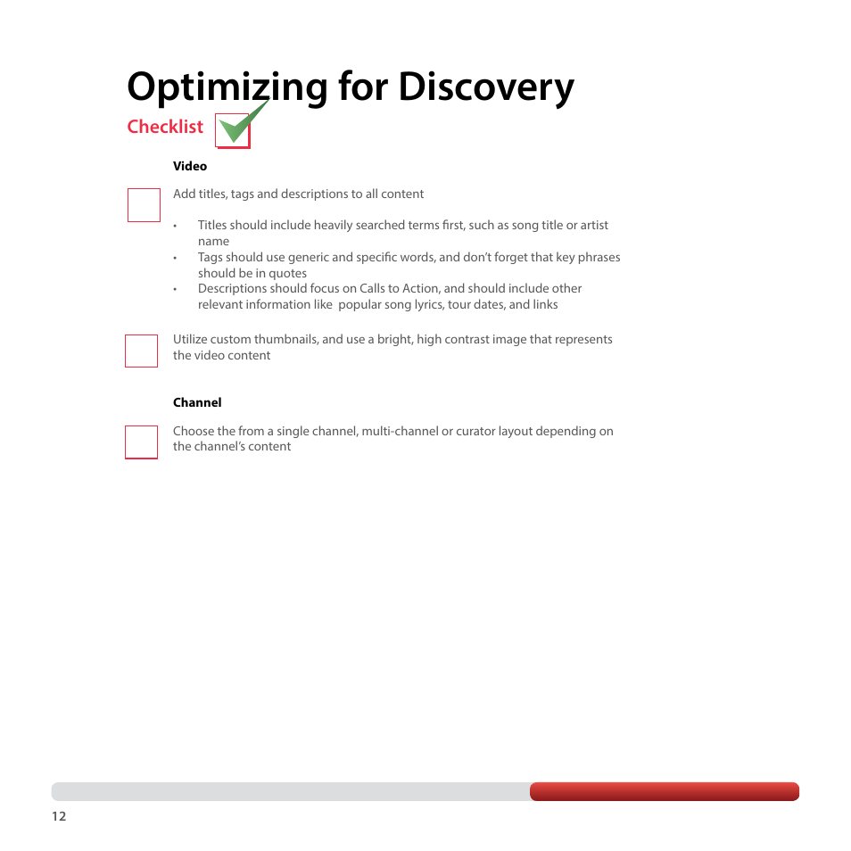 Optimizing for discovery, Checklist | Google YouTube Creator Playbook Guide Music User Manual | Page 12 / 40