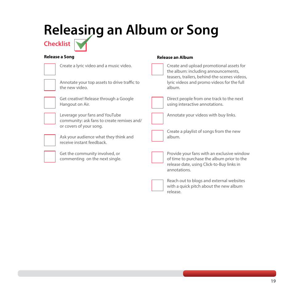 Releasing an album or song, Checklist | Google YouTube Creator Playbook Guide Music User Manual | Page 19 / 40