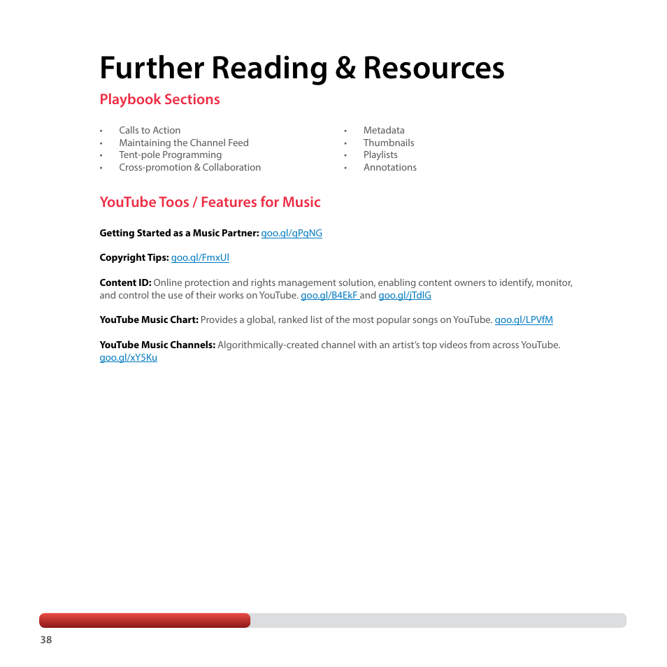 Further reading & resources, Youtube toos / features for music | Google YouTube Creator Playbook Guide Music User Manual | Page 38 / 40