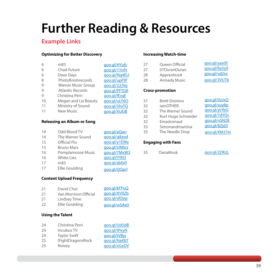 Further reading & resources, Example links | Google YouTube Creator Playbook Guide Music User Manual | Page 39 / 40