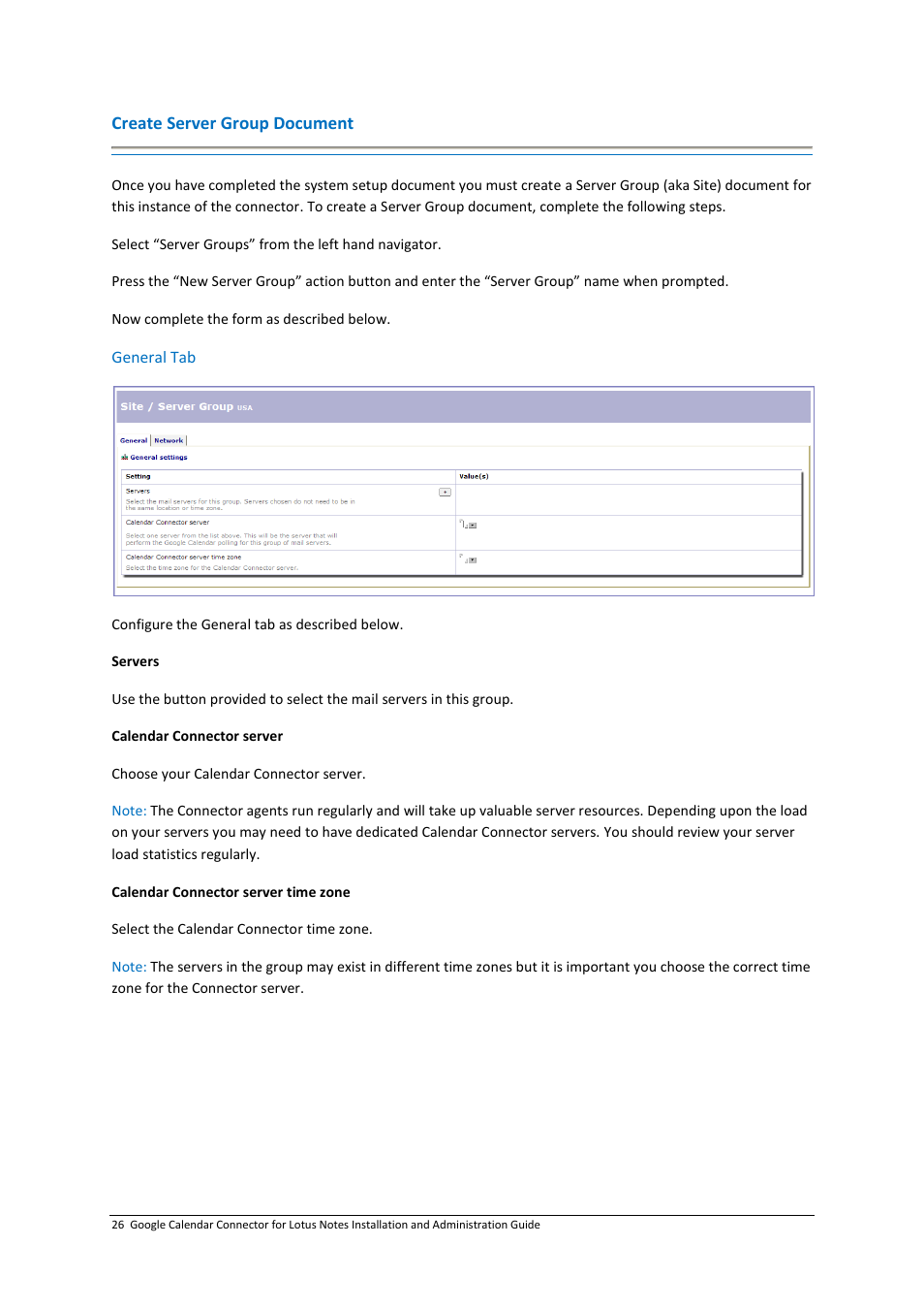 Create server group document | Google Calendar Connector for Lotus Notes Installation & Administration Guide User Manual | Page 26 / 33